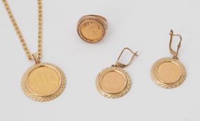 A set of angel coin set jewellery to include a 22ct 1/4oz angel coin in a 9ct yellow gold mount on a