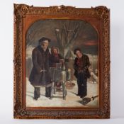 A 19th century oil on canvas 'Figures by a Brazier' unsigned, in ornate gilt frame, overall size