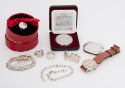 A small mixed collection of items including cufflinks marked 925, silver link bracelet marked 925,