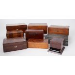 Collection of eight boxes and a cigarette dispenser, including tea caddy's, sewing boxes also napkin