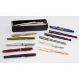 A collection of pens and fountain pens mainly Parkers, also a 14ct nib Watermans fountain pen.