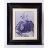 A vintage photograph of a Samurai warrior, hand coloured, 40cm x 30cm, framed and glazed, overall