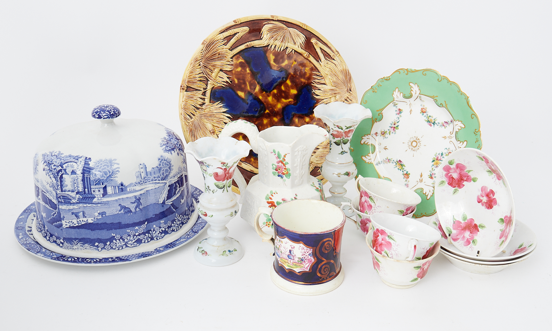 A mixed collection including a Majolica dish, Spode stilton dish and cover etc.