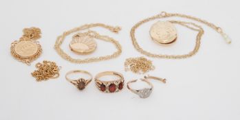 A quantity of 9ct yellow gold jewellery to include chains, lockets, pendants, gem-set rings, etc,