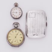 A silver cigarette case, 42.38gm, a silver pocket watch stamped A.L.D inside the backplate, 116.29gm