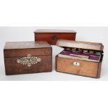 Two Victorian sewing boxes and another box containing general coinage, various sewing implements