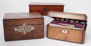 Two Victorian sewing boxes and another box containing general coinage, various sewing implements