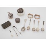 A mixed lot of silverwares to include five silver teaspoons & a silver mustard spoon, 2.45oz, a