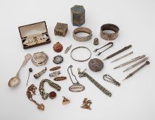 An interesting mixed lot to include silver bangles, silver pens, spoon, silver pots, tongs,