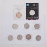 A collection of commemorative QEII coins including Royal Mint London 2012 five pound coin.