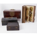 Victorian mahogany and ornate brass mounted box containing various antique glass ink bottles also