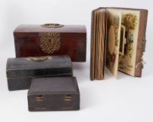 Victorian mahogany and ornate brass mounted box containing various antique glass ink bottles also