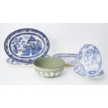 Three large blue and white platers, a large green Wedgwood bowl etc.