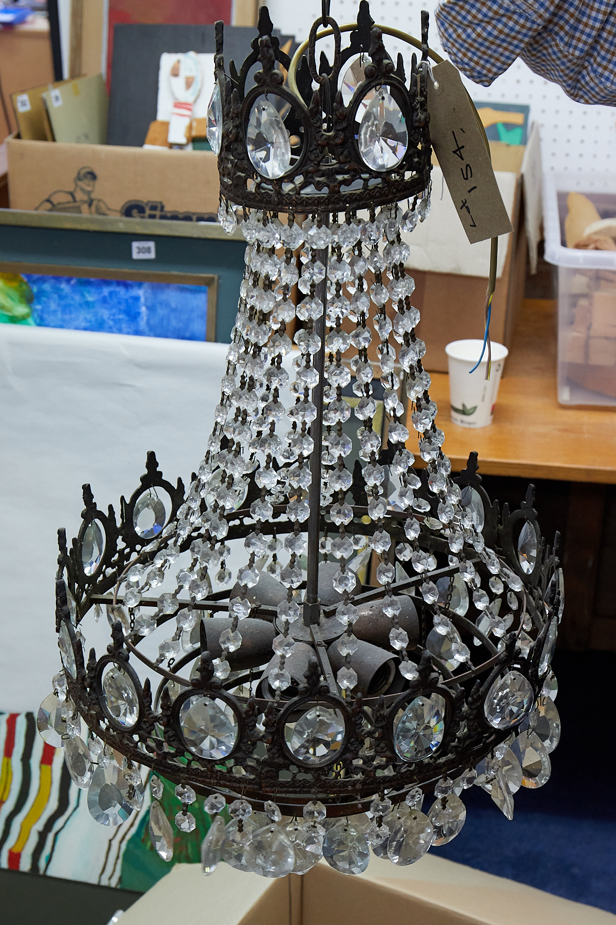 Early 20th century hanging light pendant with glass drops, approx 70cm.