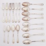 Twenty pieces of 19th century silver flatware including eight rat tail table spoons London, each