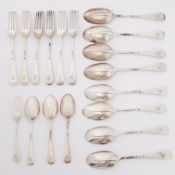 Twenty pieces of 19th century silver flatware including eight rat tail table spoons London, each
