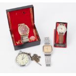 A smiths open face pocket watch, a Smiths empire vintage wristwatch, Tissot wristwatch and Sekonda