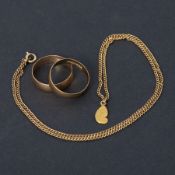 Two 9ct yellow gold wedding bands, size Q 1/2 & R 1/2 (middle), total weight 5.13gm and a small gold