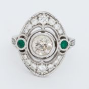 A platinum oval shaped Art Deco ring set with a central old round cut diamond, approx. 1.08 carats