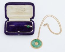 A yellow gold jade & pearl stick pin, circa 1930 in blue velvet box, (unhallmarked but assessed as