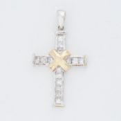 An 18ct white and yellow gold cross pendant set with approx. 0.75 carats total weight of princess