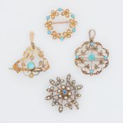 A mixed lot to include an antique 9ct yellow gold pendant/brooch set with seed pearls & turquoise,
