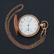 A 9ct rose gold full hunter pocket watch, Waltham USA, movement, arabic dial, second subsidiary