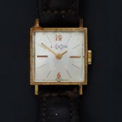 Luxor, a vintage 18ct yellow gold cased Luxor square shaped wristwatch on a leather strap, manual