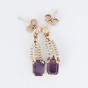 A pair of 9ct yellow gold drop earrings set with rectangular cut amethyst and seed pearl strands,