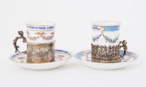 Crescent China, a pair of coffee cans and saucers each within a silver holder