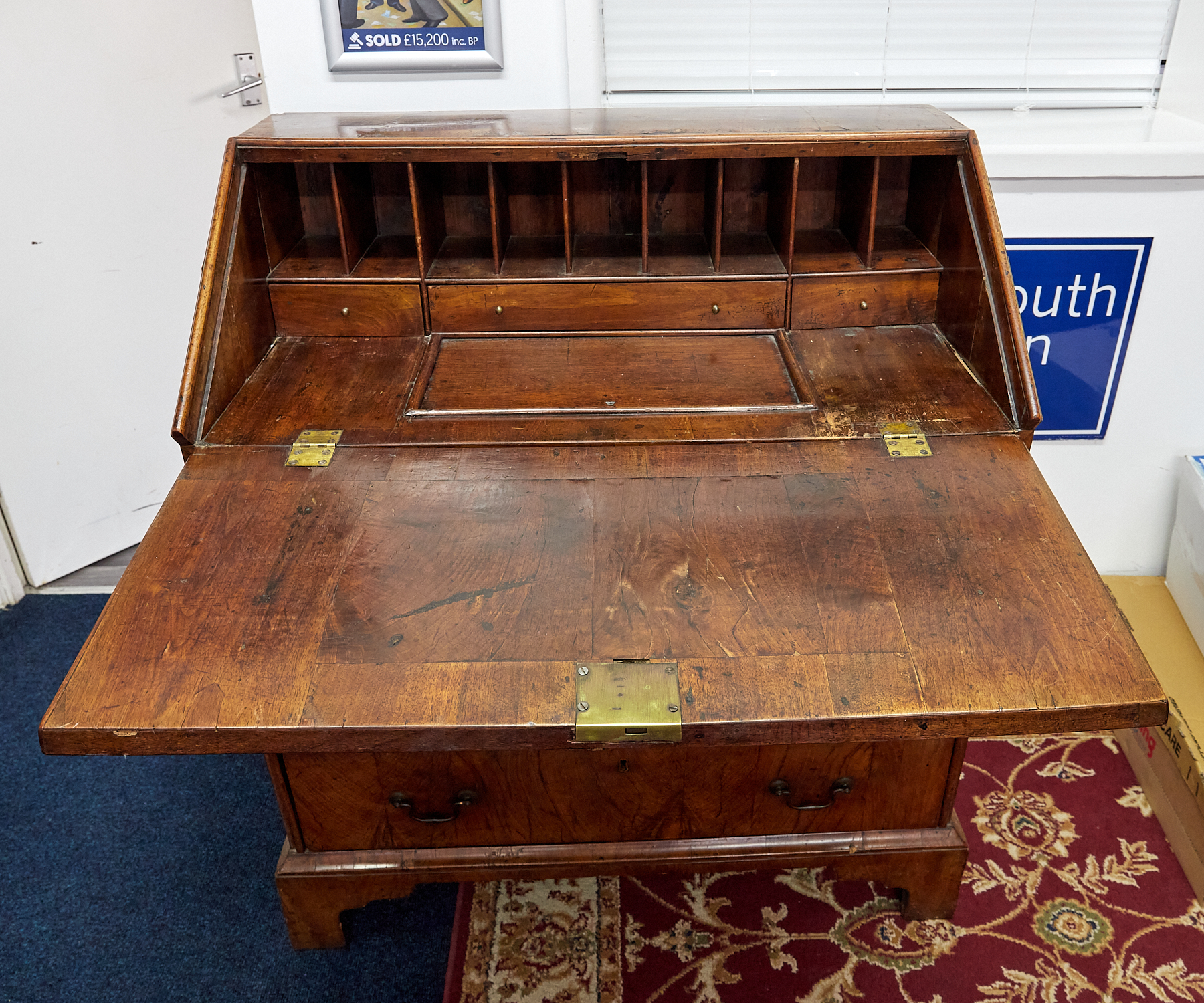 An English 18th Century walnut bureau desk fitted with four drawers on bracket feet height 100cm. - Image 2 of 16