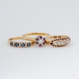 Three 18ct yellow gold rings to include an 18ct yellow gold five stone old round cut diamond ring,