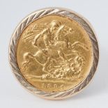 An 1894 Victoria half sovereign in a 9ct yellow gold ring mount (the shank is split) approx. a