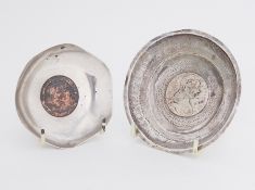 Two silver coin dishes one with Marie Theresa crown, approx 4.27oz (2).