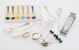 A selection of spoons to include a set of six sterling silver & gold plated enamel spoons, a boxed