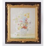Marius Forestier still life watercolour 'Flowers' in an ornate gilt frame housed in a glazed