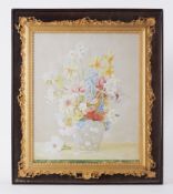 Marius Forestier still life watercolour 'Flowers' in an ornate gilt frame housed in a glazed