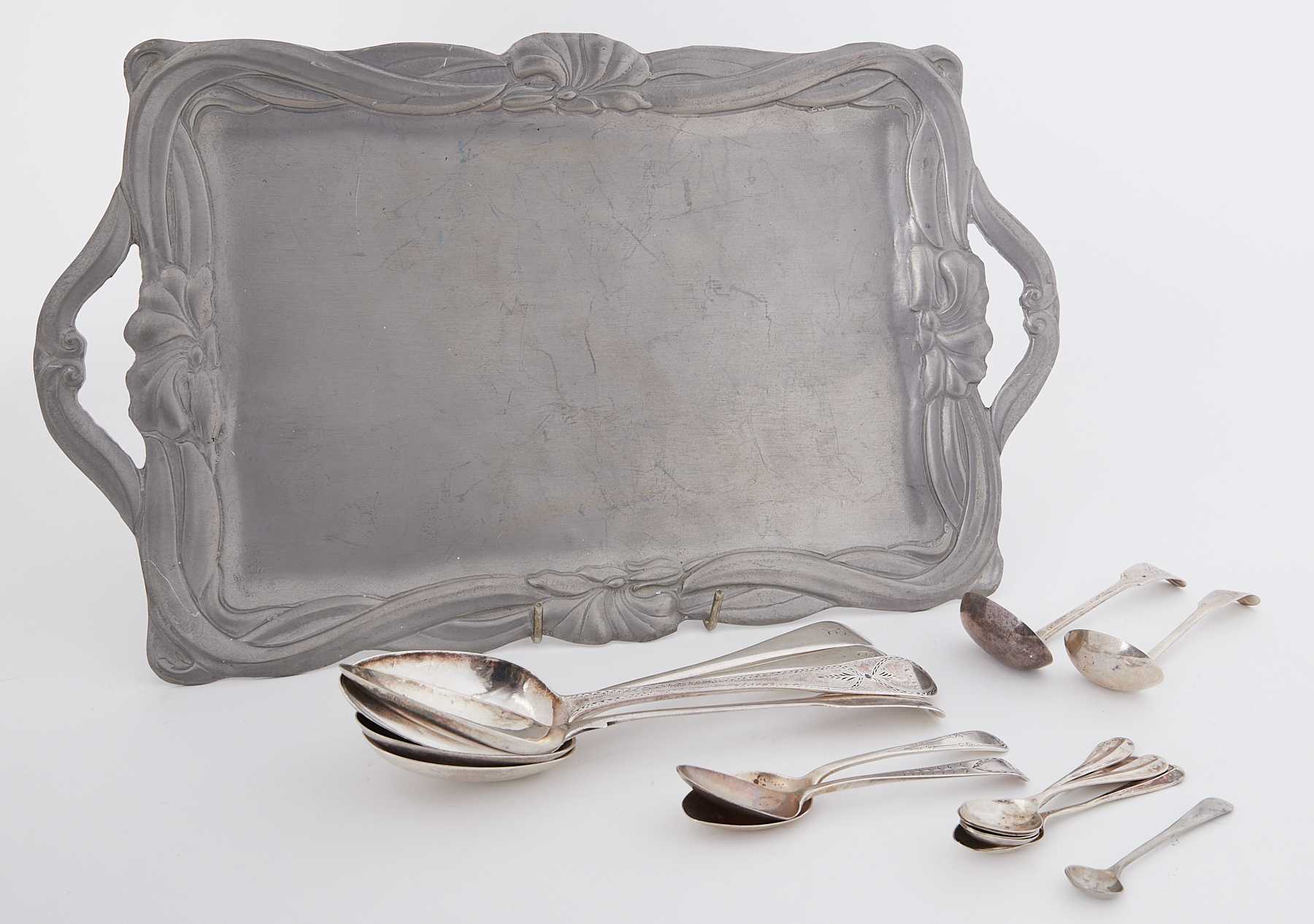Art Nouveau style pewter tray together with Georgian and later silver flat ware, approx 12.3oz.