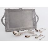 Art Nouveau style pewter tray together with Georgian and later silver flat ware, approx 12.3oz.