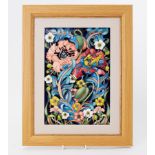 Moorcroft, a painted plaque 'Flowers' designed by Rachel Bishop, 32cm x 22cm, framed and boxed.
