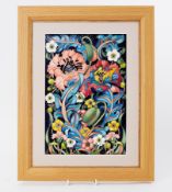 Moorcroft, a painted plaque 'Flowers' designed by Rachel Bishop, 32cm x 22cm, framed and boxed.