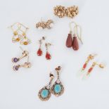 Eight pairs of earrings to include seven pairs of 9ct earrings set with turquoise, amethyst,