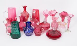 A collection of Cranberry and coloured glass including jugs, vases etc approx 17.