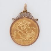 A 1964 Elizabeth II full sovereign in a 9ct yellow gold pendant mount, total weight 9.75gm.