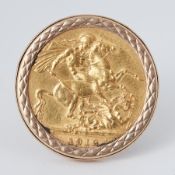 A 1912 George V full sovereign mounted into a 9ct yellow gold ring mount, 11.68gm, size Q 1/2.