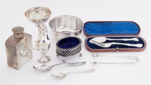 A two piece Victorian silver spoon and fork set, cased, together with other silverwares including