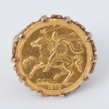 A 1973 Elizabeth II half sovereign mounted in an ornate 9ct yellow gold ring mount, 10.15gm.