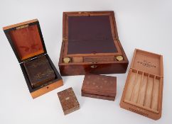 Victorian rosewood writing slope fitted with two inkwells together with three other boxes and a