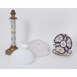 A 19th century extendable lamp, three 19th century plates, a crystal cut glass lamp shade and