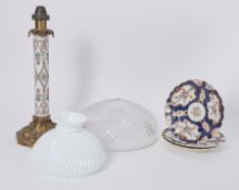 A 19th century extendable lamp, three 19th century plates, a crystal cut glass lamp shade and